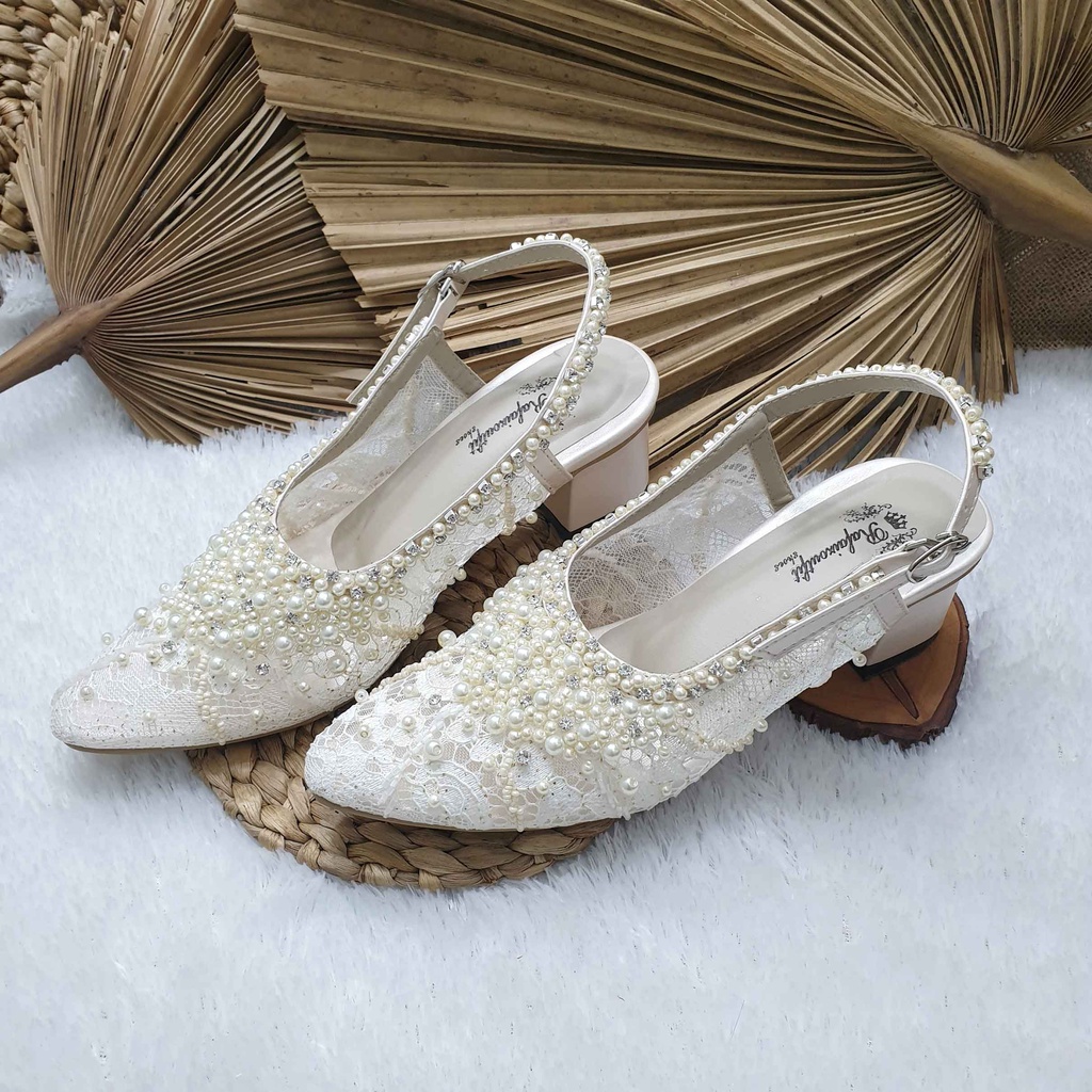 sepatu wedding pesta payet cantik Kirania broken white hak 5cm tahu