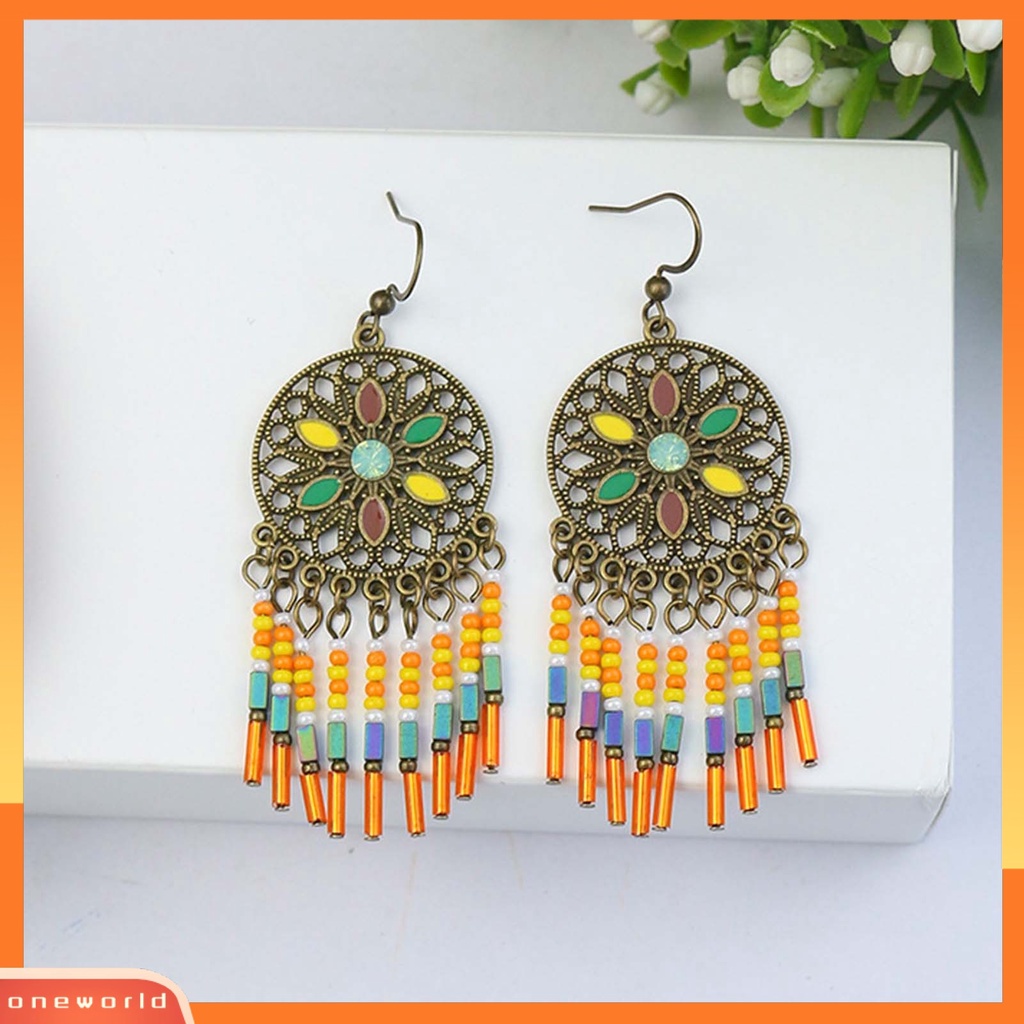 {oneworld} 1pasang Manik-Manik Multicolor Shiny Drop Earrings Bohemian Hollow Vintage Hook Earrings Perhiasan Pesta