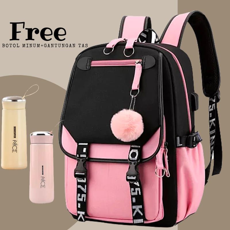 (COD)Tas Ransel free pompom Love Tas Ransel Backpack Cocok untuk Segala Tema Tas Sekolah Anak Perempuan