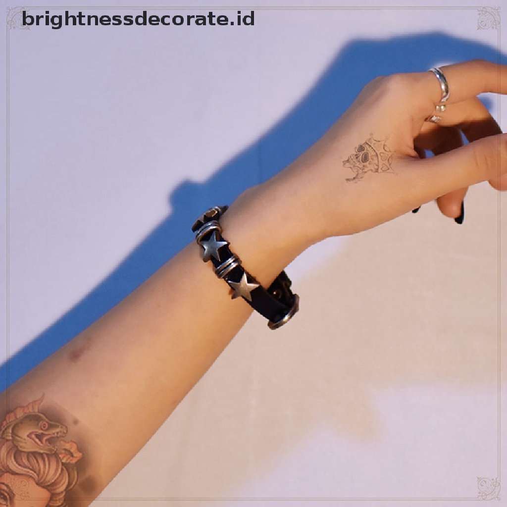 [Birth] Retro Punk Gelang Kulit Imitasi Untuk Pria Wanita Bintang Kulit Gelang Adjustable Rivet Alloy Bracelet Goth Perhiasan Aksesoris Pakaian [ID]