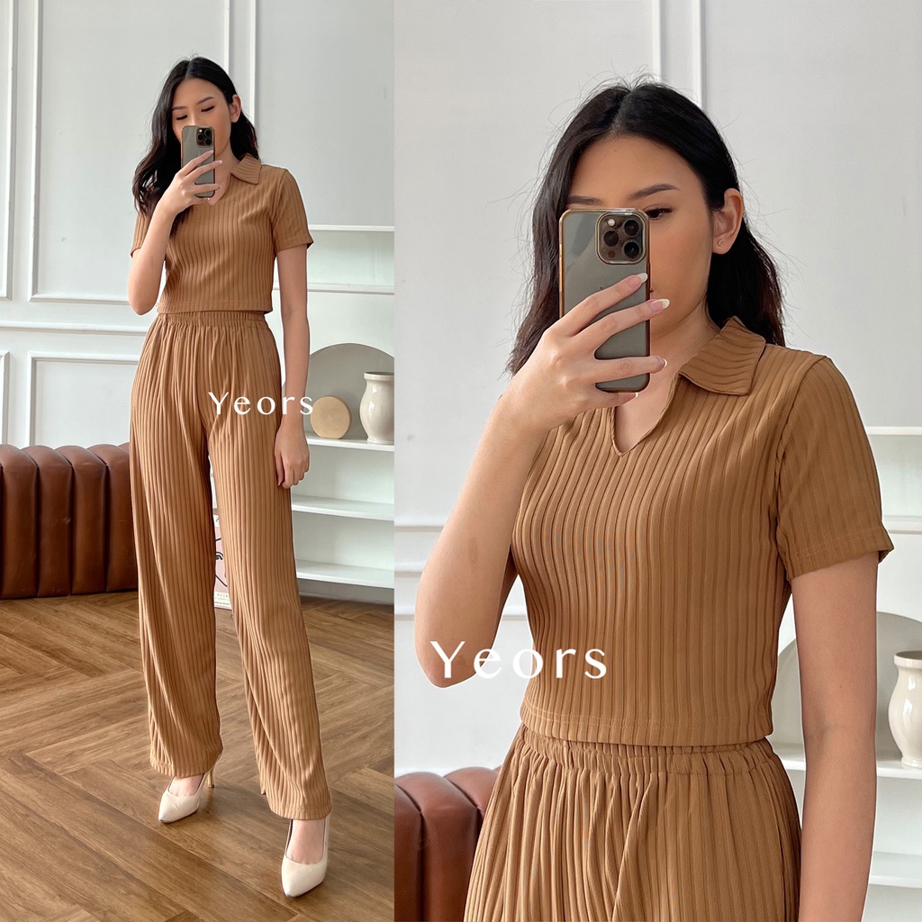 Yeors - Rib Knit Sierra Set Crop Korean Polo Top and Pants Rib Knit Premium  - Baju Atasan dan Celana Wanita Murah Berkualitas - Korean Loose Pants Trousers Wanita - Loungewear - Setelan Baju Wanita - Women Top Knitwear -  Crop Top Murah