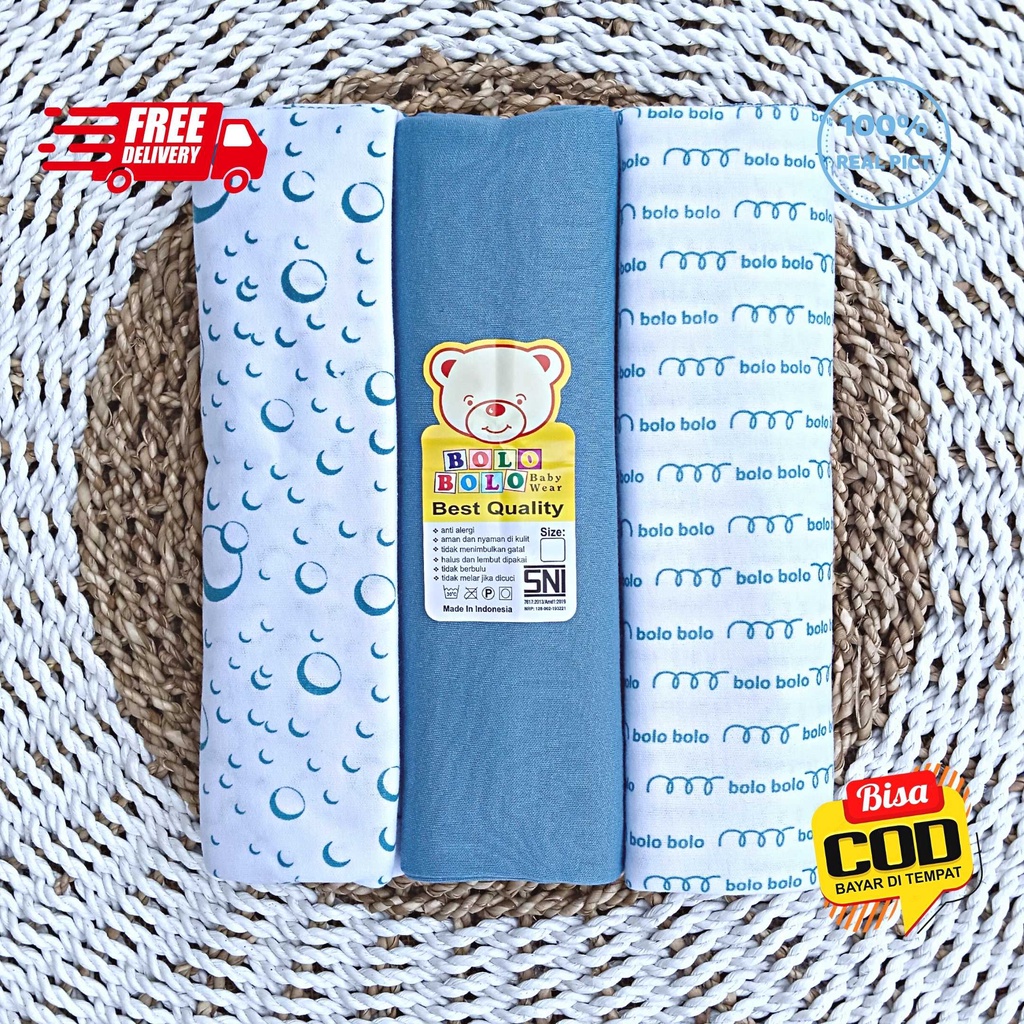 SALE 7.7 - 3 PCS Bedong Kaos Bayi Serian Biru Pernel Bayi ukuran 90x110cm Bolo-Bolo Serian BIRU