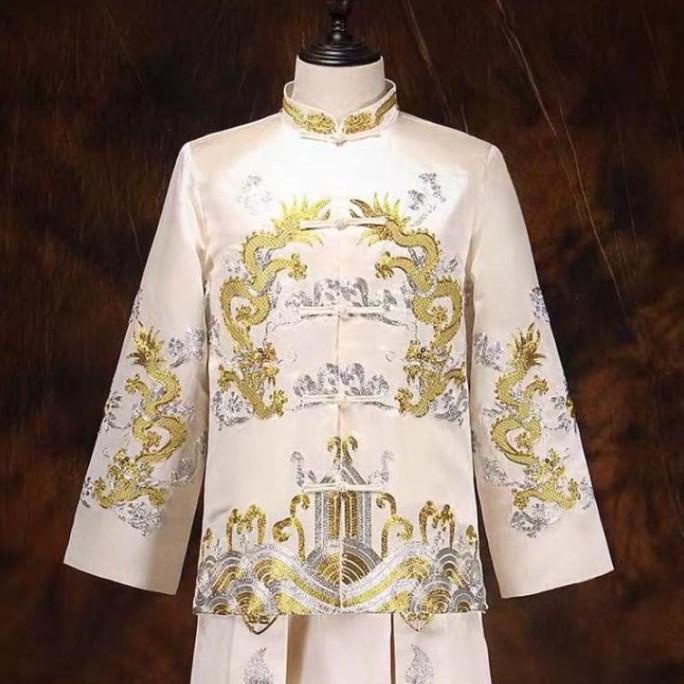 Cheongsam Pria Pakaian Pengantin Pria Bordir Pernikahan Setelan Naga