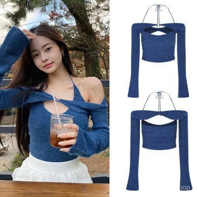 #Sisjuly# Rajutan Gantung Gantung Satu Leher Off-the-Shoulder Wanita Biru