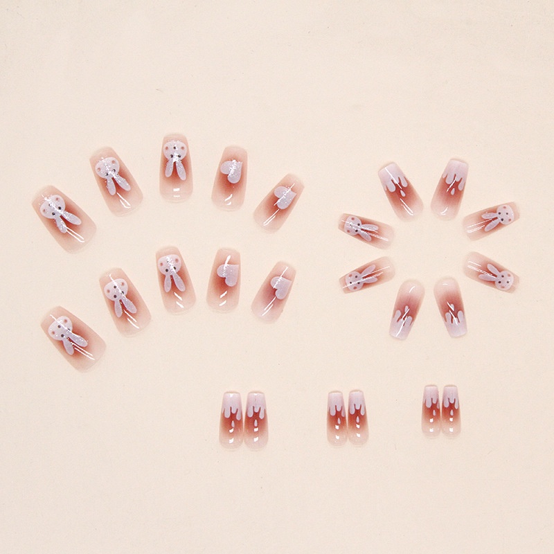 Pink Blush Cute White Rabbit Glitter Fake Nails Kuku Palsu Panjang Isi 24pcs/box R709