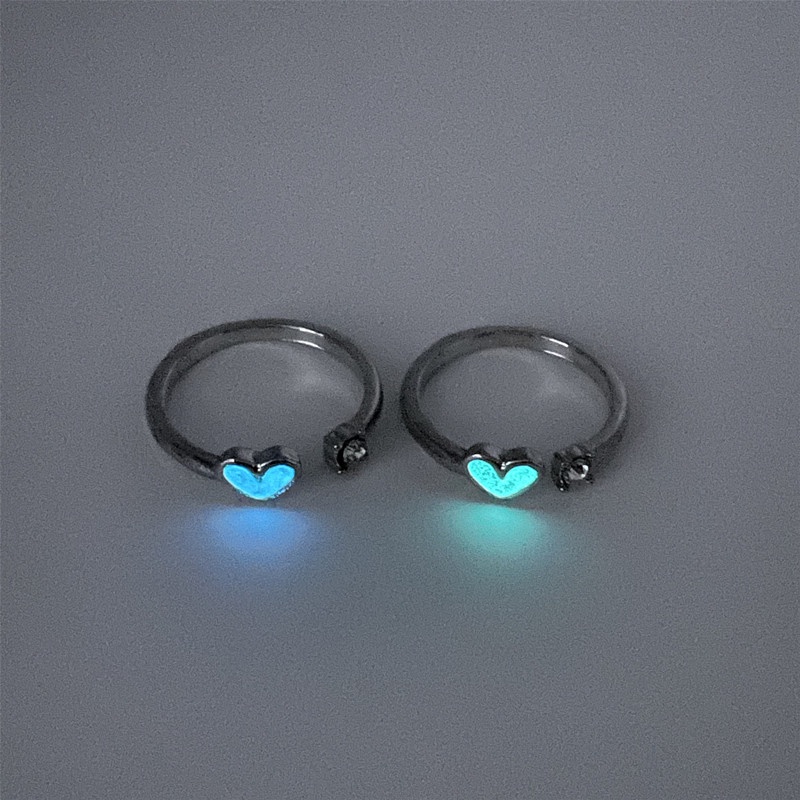 Papaozhu Korea Bercahaya Biru Cahaya Jantung Cincin Untuk Pasangan Pecinta Trendi Glow in The Dark Terbuka Cincin Persahabatan Jari Manset Perhiasan Hadiah