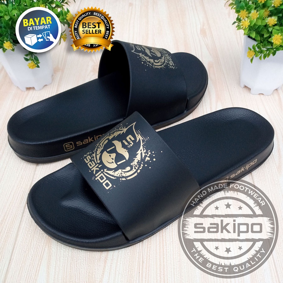 PROMO 2.2 COD SALE !! SANDAL DISTRO PRIA DEWASA REMAJA SLIDE HITAM EMAS TRENDI KEKINIAN RINGAN NYAMAN DIPAKAI / SANDAL TAHAN AIR TRENDI  / SAKIPO