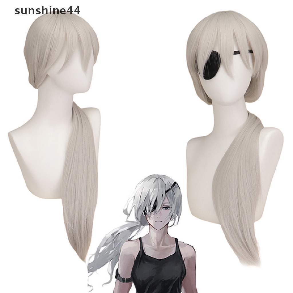 Sunshine Anime Chain Man Quanxi Cosplay Perak Wig Panjang Mata Patch Tahan Panas.