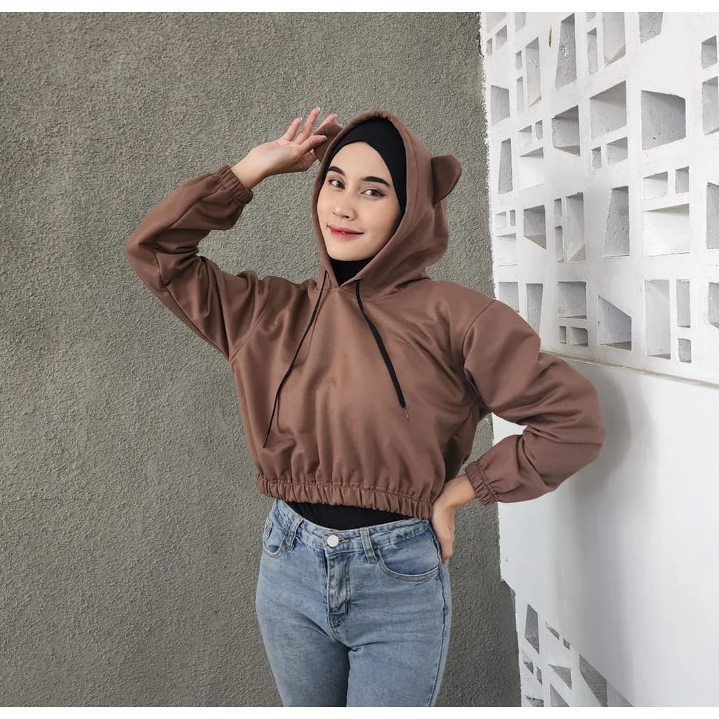 SHERVA CROOPE HOODIE BAHAN FLEECE - SWEATER CUTE EAR HOODIE CROOPE WANITA