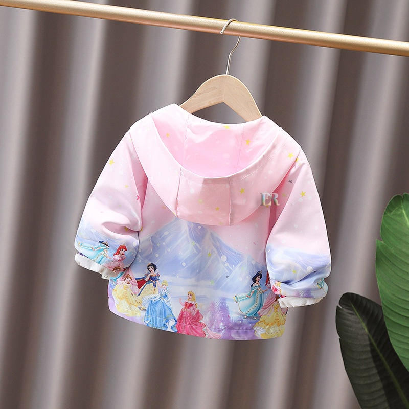 LNR Shop Jaket Anak Perempuan Dengan Topi Motif Frozen Elsa Unicorn Princess Snow White Cinderella Aurora Belle Putri Jasmine Ariel Kuda Poni Musim Semi Bahan Parasut Lembut Sweater Bertudung Kuda Poni