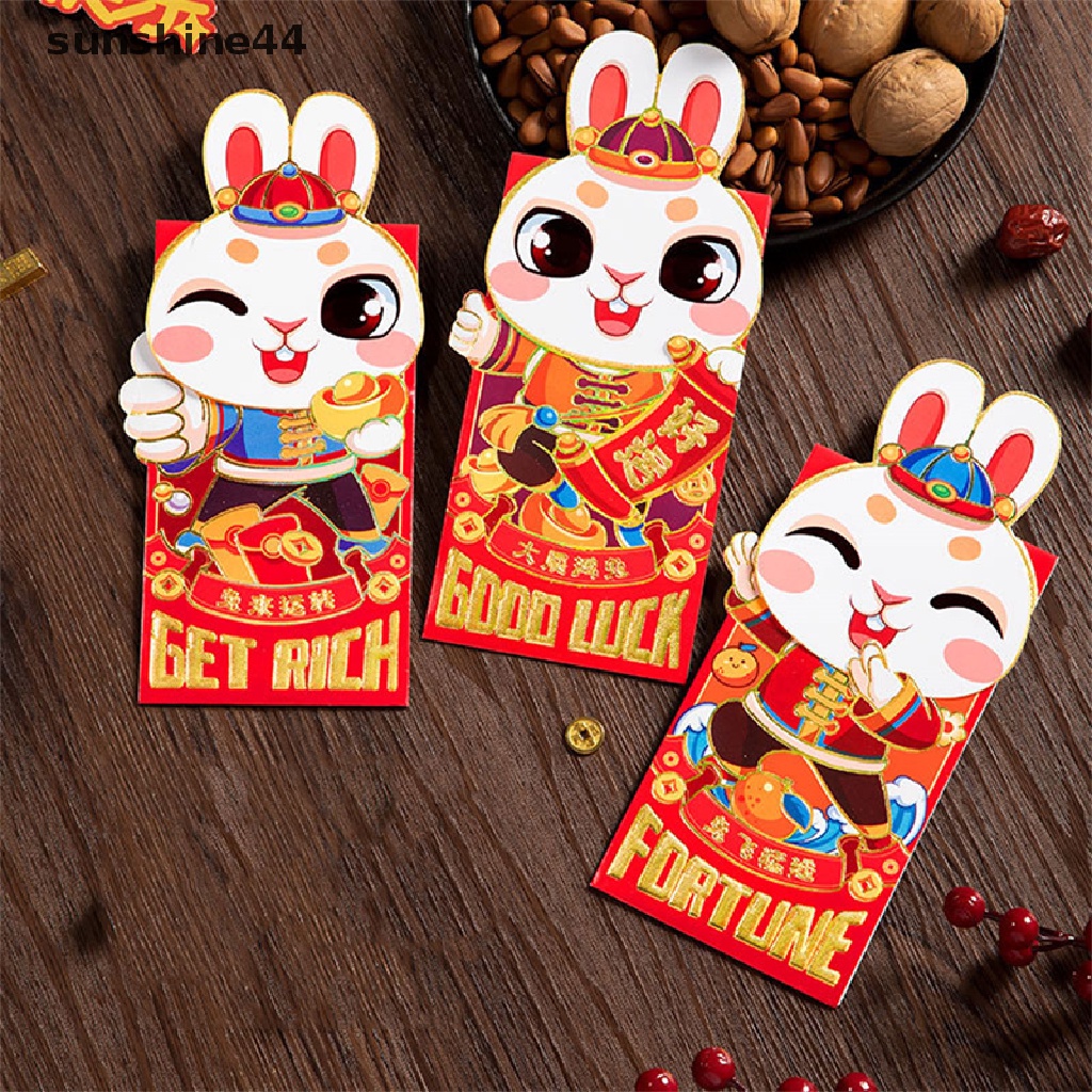 Sunshine6/pcs Amplop Merah Tahun Baru Kawaii Rabbit 2023 Amplop Merah Imlek Hongbao.
