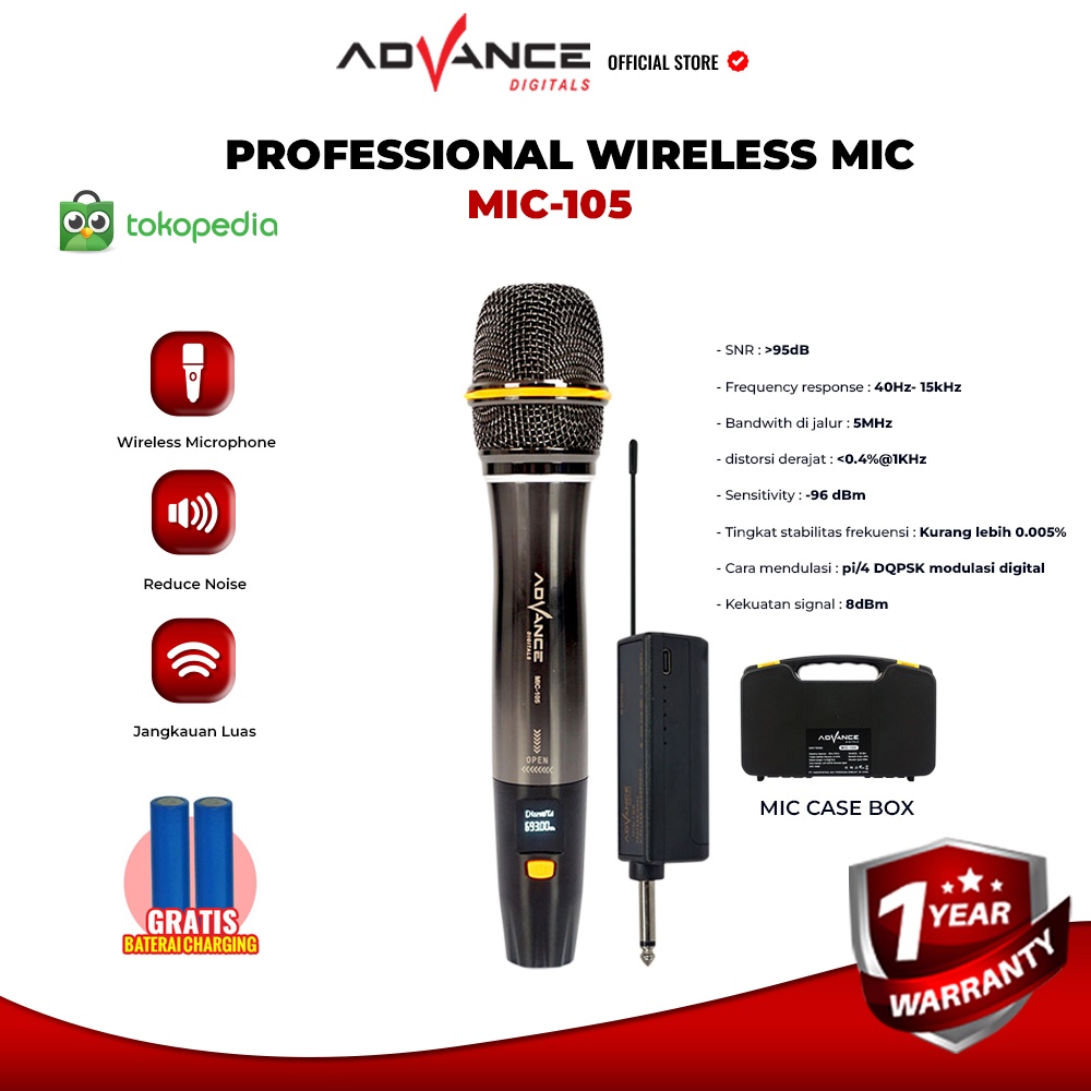 Advance Digitals Mic-105 Microphone Profesional Mic Wireless Gold Bisa di Charger Metalic Silver I Garansi Resmi 1 tahun