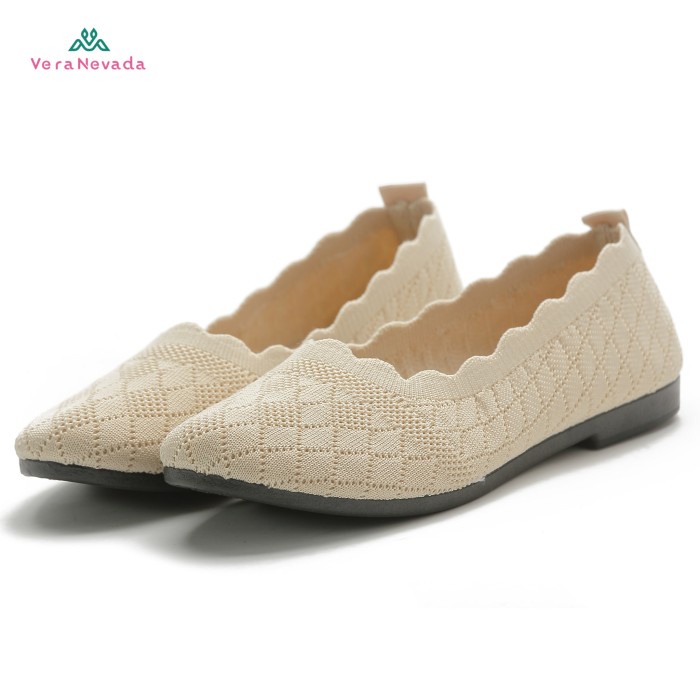 Flatshoes Vera Nevada Sepatu FlyKnit Flat Slip On Wanita Shoes A20 - BEIGE, 36(V4V2) BAHAN PREMIUM F