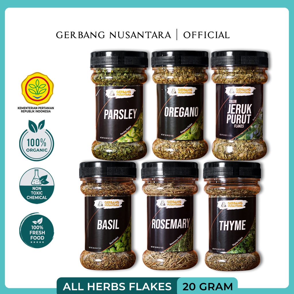 BUMBU DAPUR BASIL OREGANO THYME ROSEMARY PARSLEY FLAKES- REMPAH GERBANG NUSANTARA- DAUN FLAKES BAYLEAF