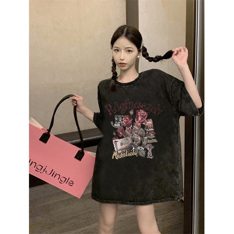 Kaos oversize hitam oversize lengan pendek letter washed baju wanita  graphic print T-shirt/oversize tshirt