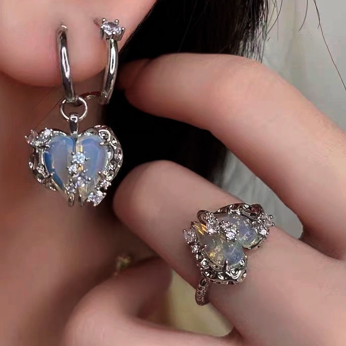 Fashion Hati Liontin Kalung Cincin Anting Gelang Kristal Rantai Perak Kalung Stud Earrings Untuk Wanita Perhiasan Aksesoris