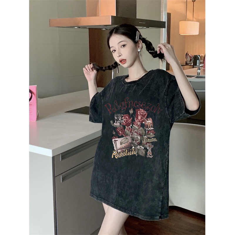 Kaos oversize hitam oversize lengan pendek letter washed baju wanita  graphic print T-shirt/oversize tshirt