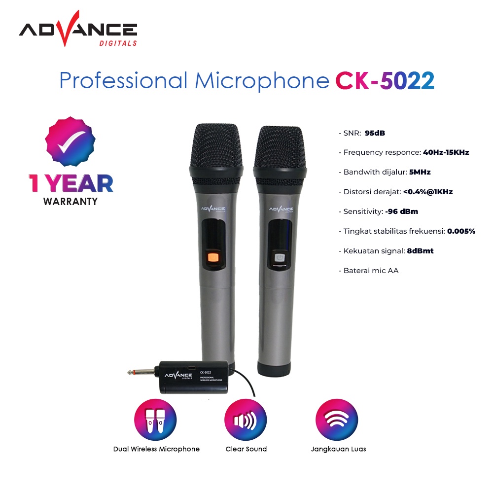 Advance Digitals Mic Ck-5022 Microphone Profesional Wireless Dual 2 Mic Duet Keren I Garansi Resmi 1 Tahun