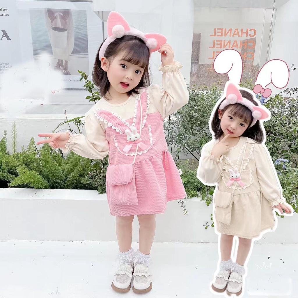 KFCAT Dress Gaun Rok Lengan Panjang Anak Perempuan Katun Corduroy Polos Kelinci Pita 2In1 Tas Cantik Import Style 1-4 tahun