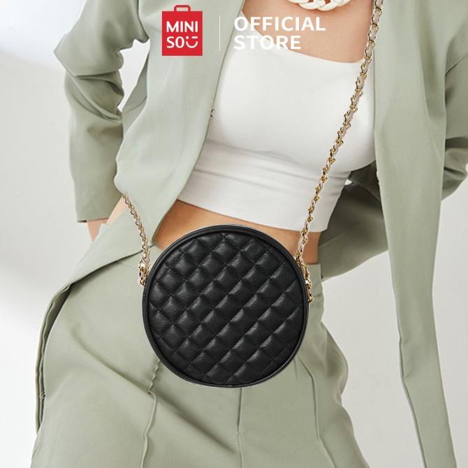 MINISO Tas Selempang Bulat Pola Kisi Berlian tas rantai Tas Messenger