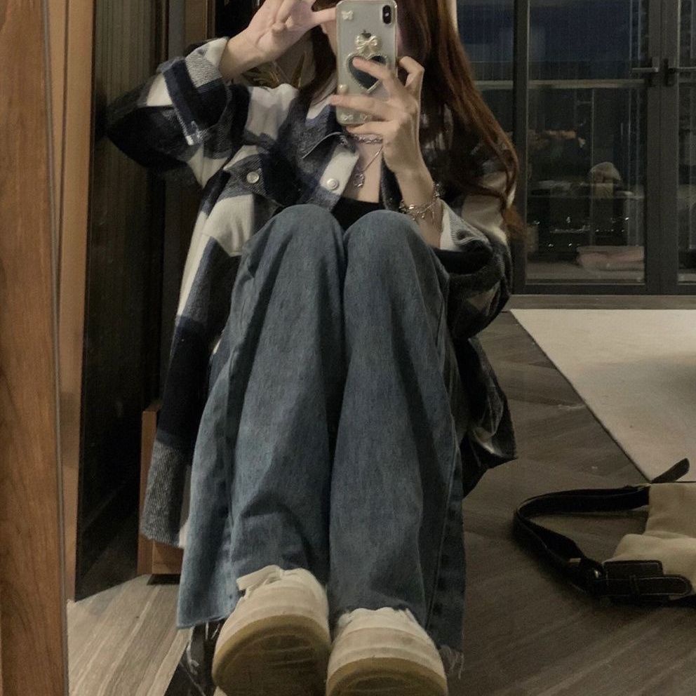 Musim gugur dan musim dingin kemeja lengan panjang kotak-kotak desain wanita niche rasa kemeja longg