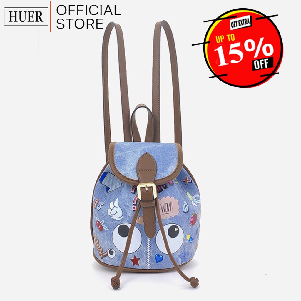 HUER ~ Tas Wanita Breesya Denim Accent Eye Theme Printed Backpack 9454-284Blue