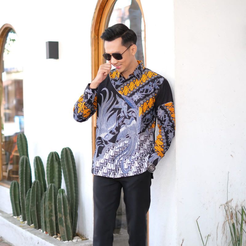 Batik Pria Lengan Panjang Pendek Hitam Kombinasi mustard Blue Ori Kulo