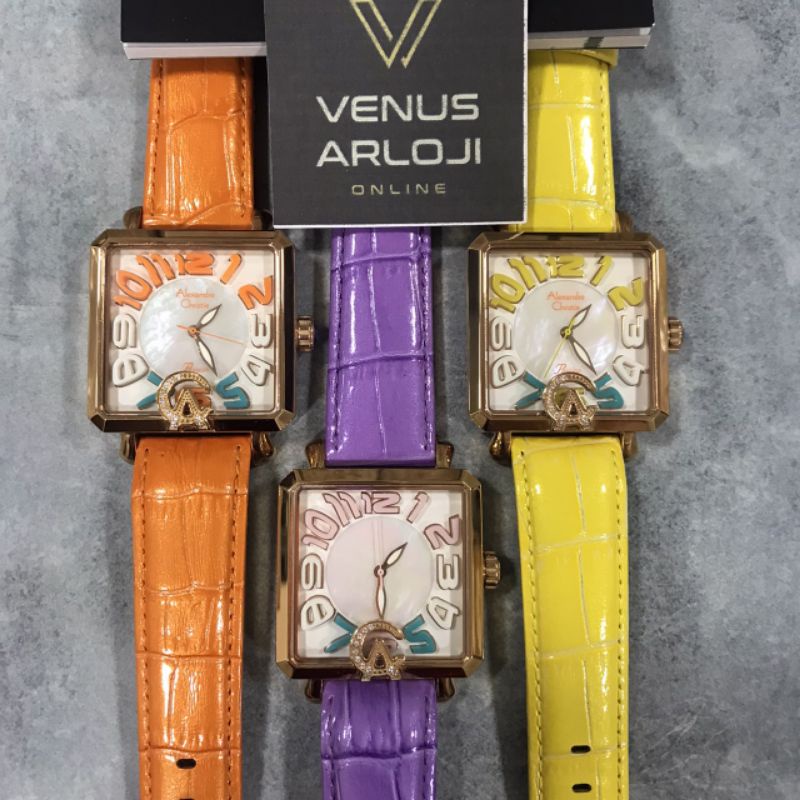 Jam Alexandre Christie AC 2392 LH LRG Wanita Rosegold Kulit Oren Ungu Kuning Segi