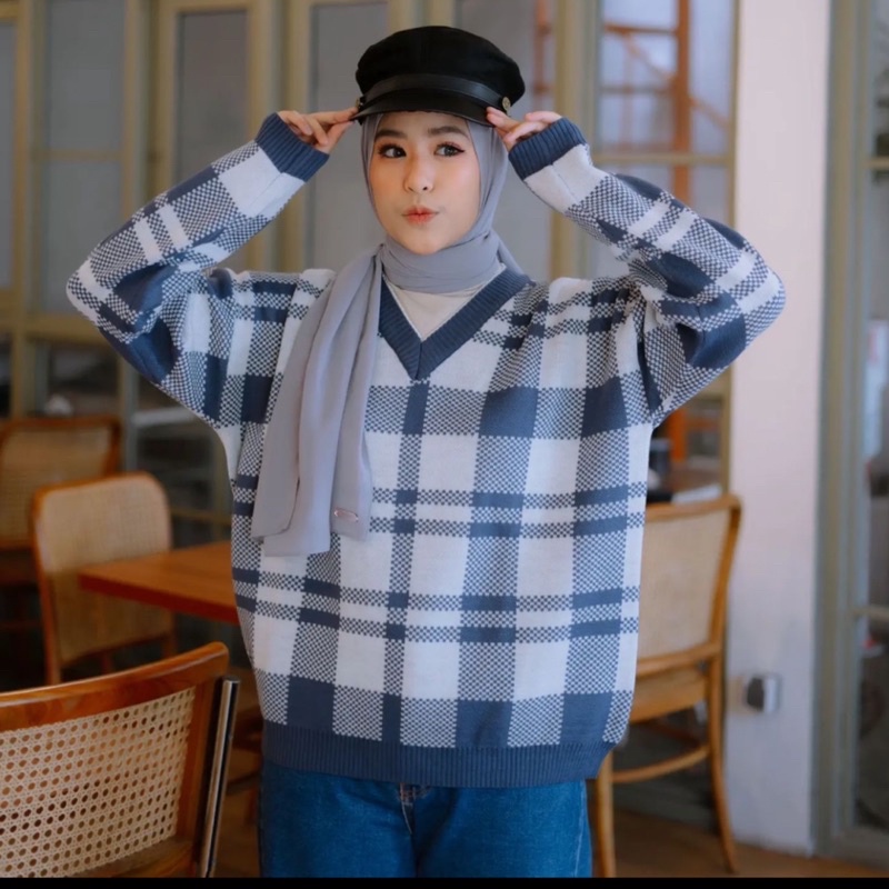SWEATER RAJUT SQUARE GARIS | BLOUSE RAJUT LIDYA