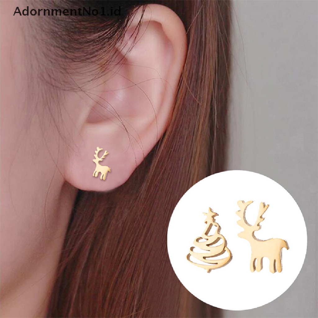 [AdornmentNo1] 1pasang Anting Pejantan Mini Stainless Steel Untuk Wanita Fashion Rusa Anting Pohon Natal Hadiah Tahun Baru Perhiasan Telinga Natal Hewan Lucu Deer Earing Pendients [ID]