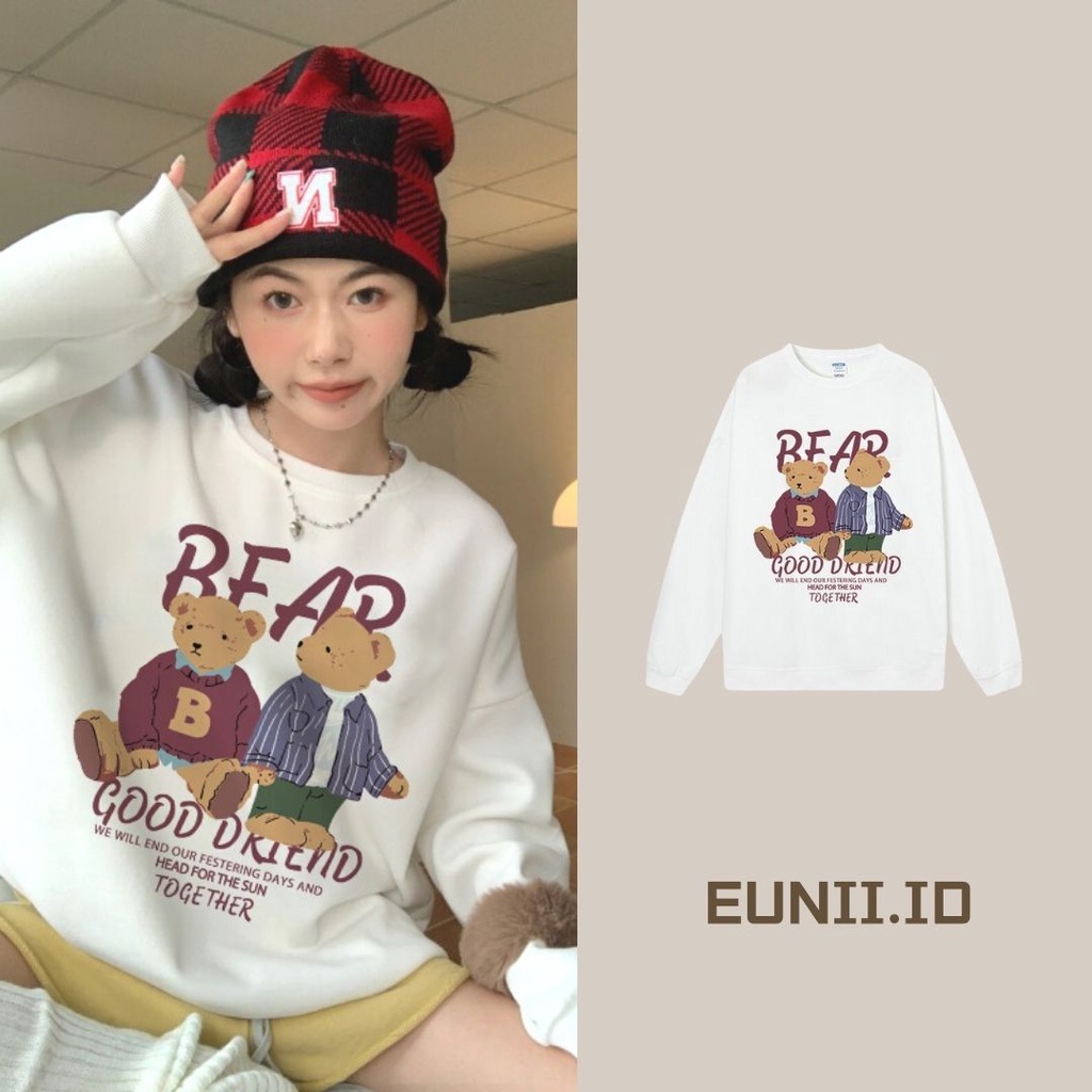 EUNII Sweater Lengan Panjang Red Cartoon Plush Bear Korean Style/Sweater Crop/Baju Wanita/Switer Wanita/Switer