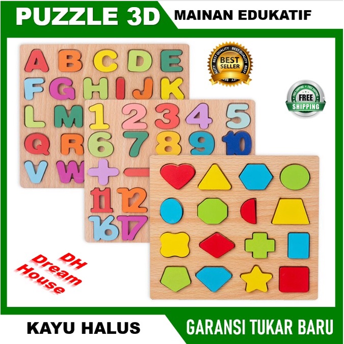 [PUZZLE MURAH] Chunky Puzzle Anak Puzzle Kayu Puzzle 3D Mainan Edukatif Huruf Angka Bentuk 3D
