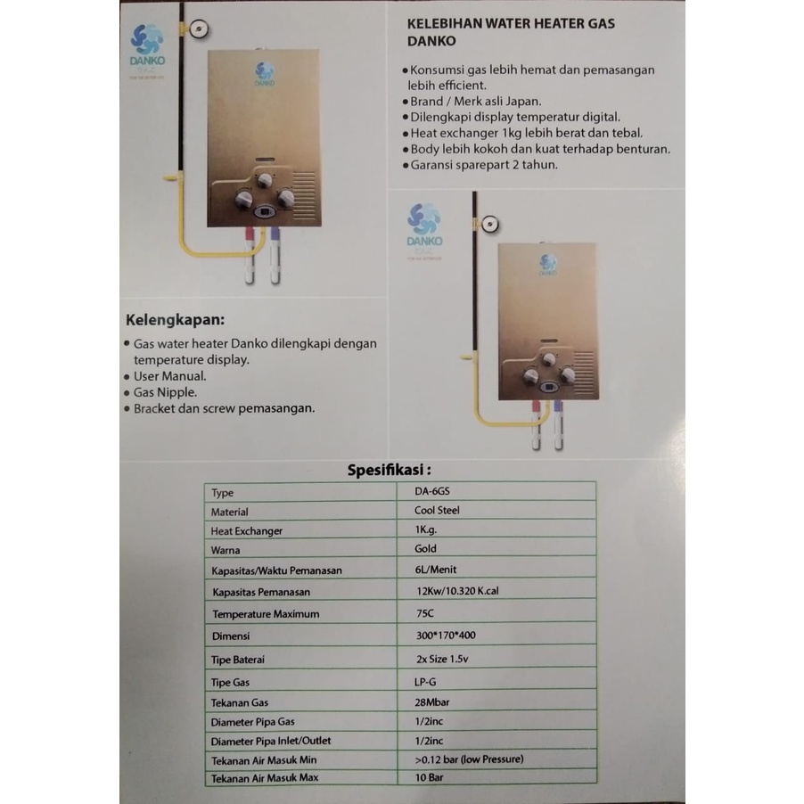 Danko Water Heater Gas kapasitas 6 Liter DA 6GS Pemanas Air ORIGINAL