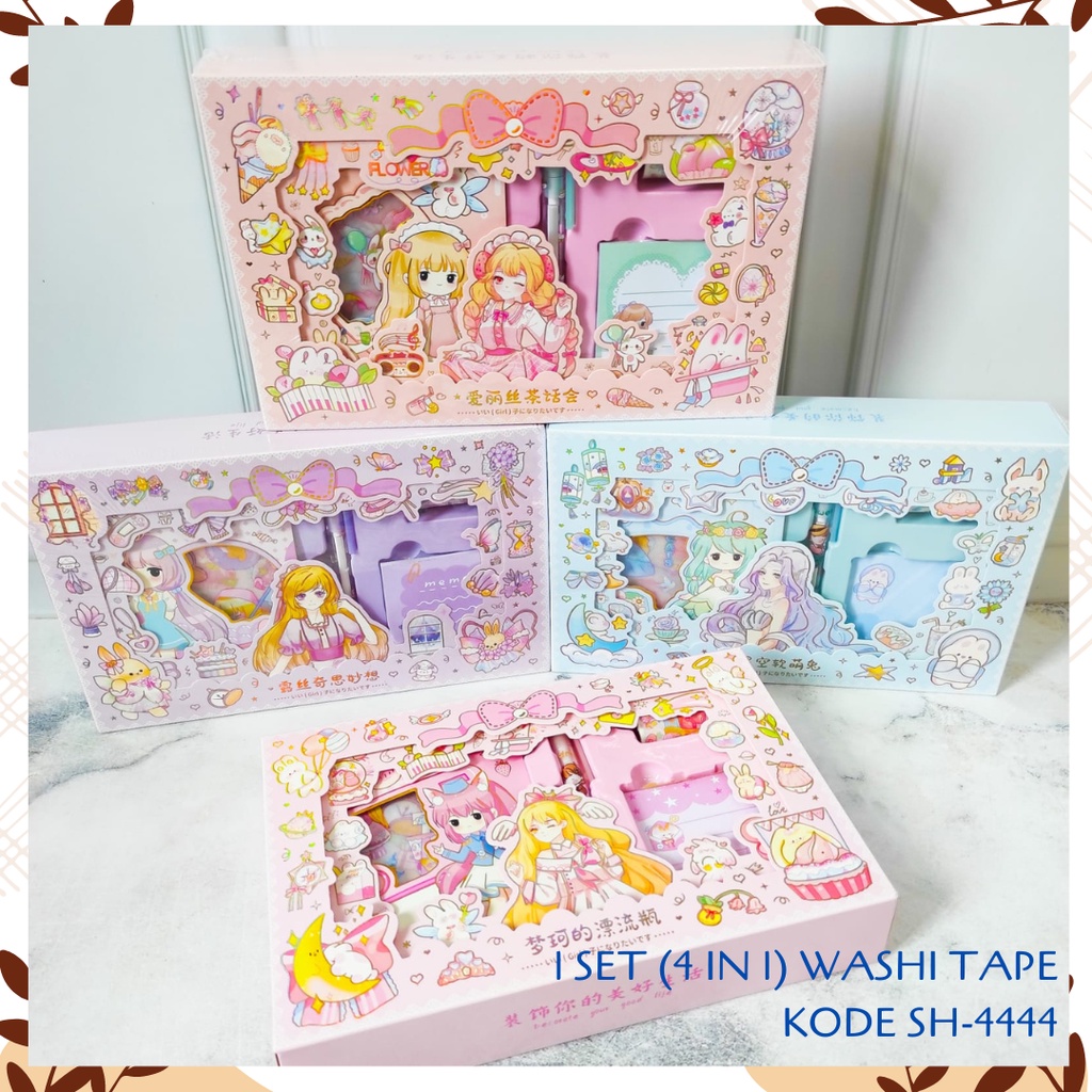 

1 SET (4 IN 1) SOLATIP WASHI TAPE STICKER NOTEBOOK SPIRAL STICKY NOTES CUTTER PEN KODE SH-4444 KARAKTER GAMBAR LUCU