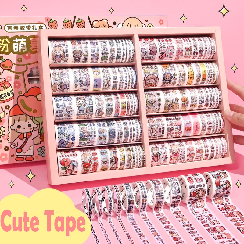 1roll Art Label Perekat Buku Kawaii Kartun Kerajinan DIY Perlengkapan Sekolah Tape Pembungkus Kado Masking Album Diary Stationary Lucu INS Scrapbooking Stiker