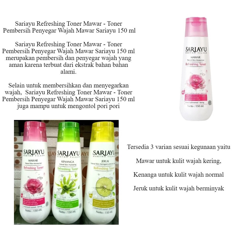 Sariayu Refreshing Toner Mawar - Toner Pembersih Penyegar Wajah Mawar untuk Kulit Kering Sariayu 150 ml