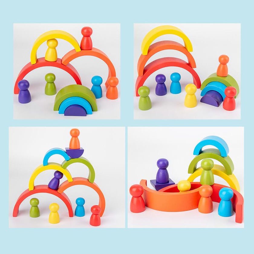 HZ Mainan Montessori Wooden Rainbow Block + Peg Doll Balok Pelangi