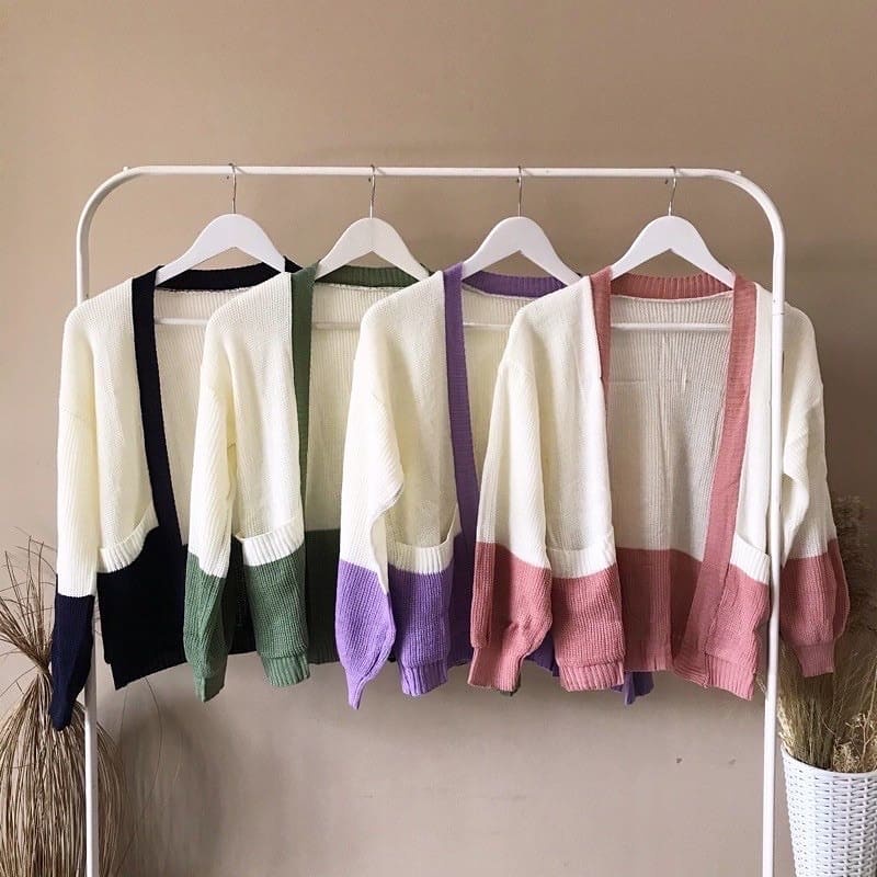 CARDIGAN CROP OVERSIZE MANDA OUTER TWO TONE SWEATER CARDY KNIT