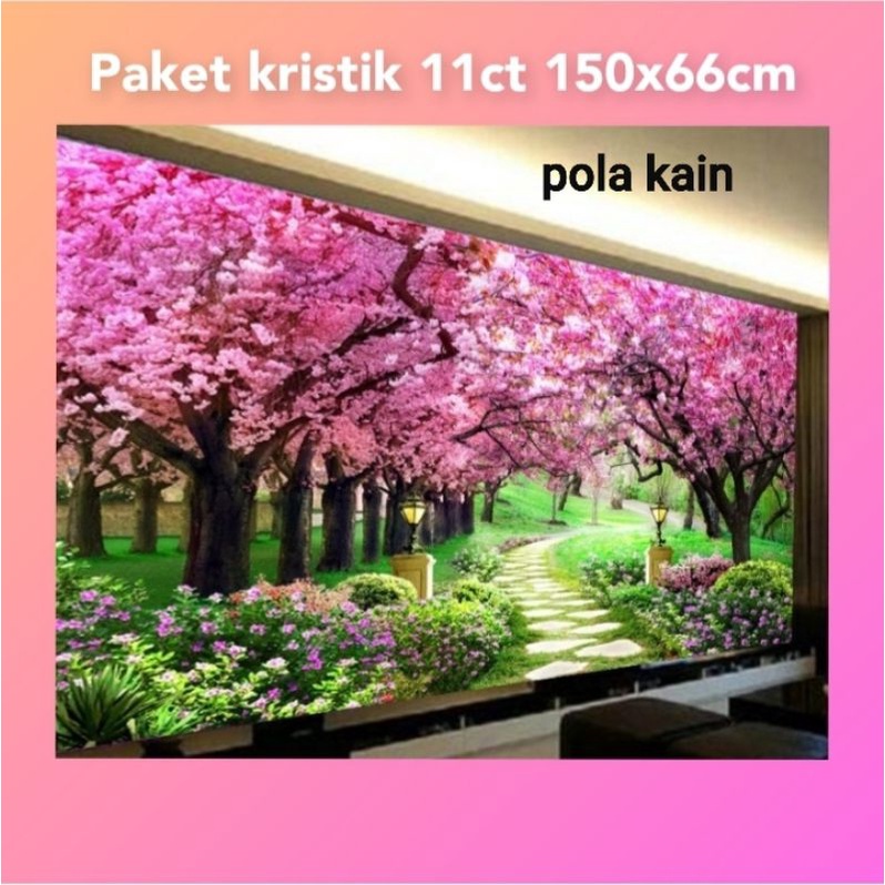 DIY paket kristik pemandangan japanese garden rumah taman bunga pohon sakura garden pola kain sulama