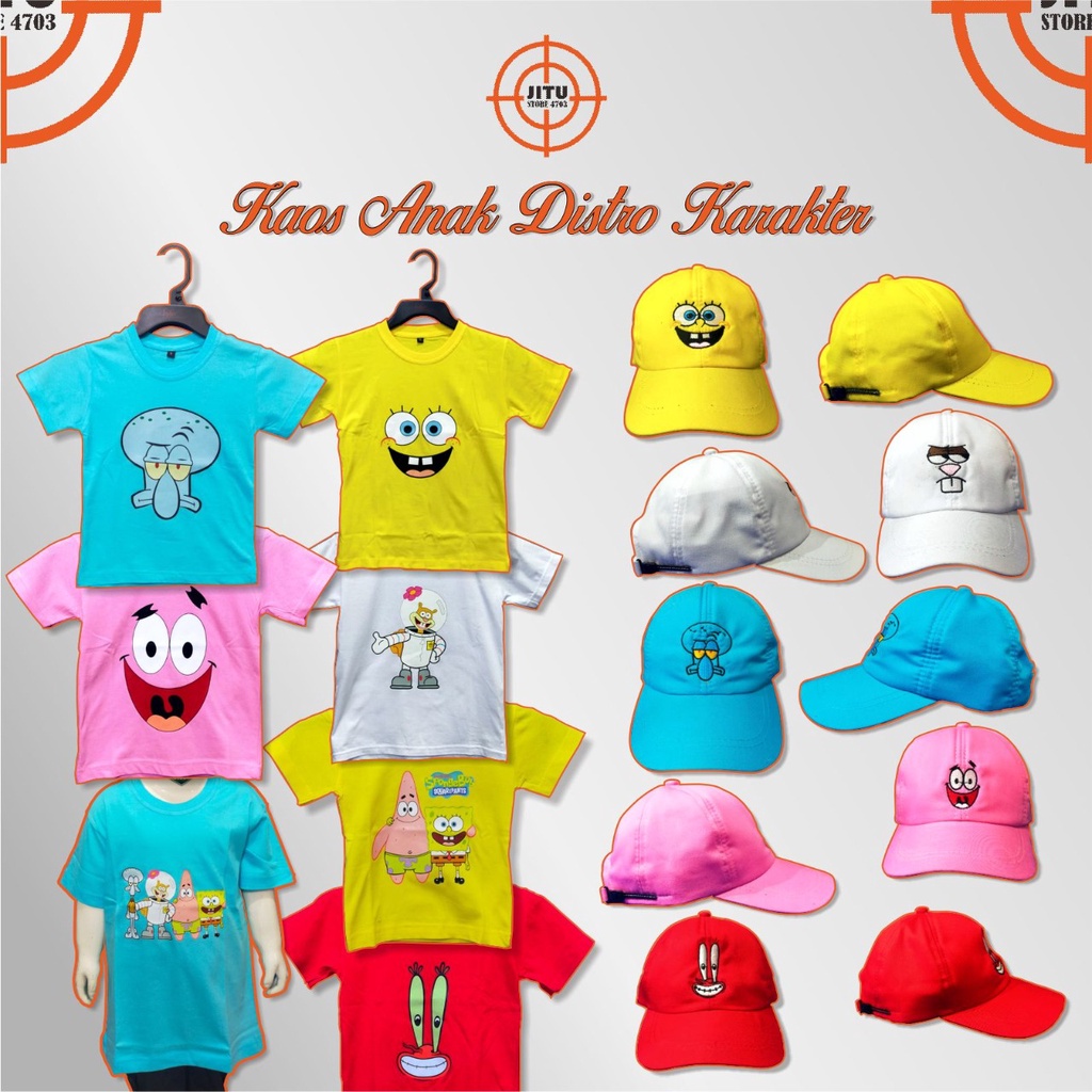 KAOS DTF ANAK DISTRO KARAKTER SPONGEBOB PATRICK SANDY SQUIDWARD MR CRAB BONUS GRATIS TOPI BORDIR