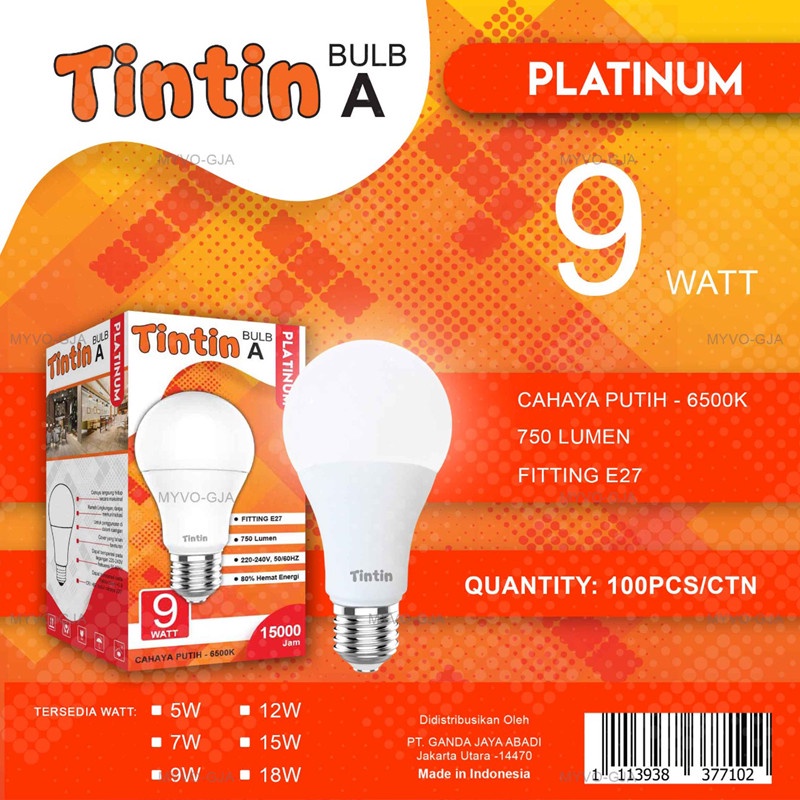 Bohlam LED TinTin Platinum 9 Watt Murah &amp; terang Lampu Hemat Energi