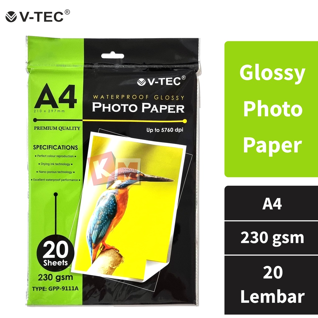 

Glossy Photo Paper / Kertas Foto V-TEC A4 230 gsm GPP-9111A 20 Lembar