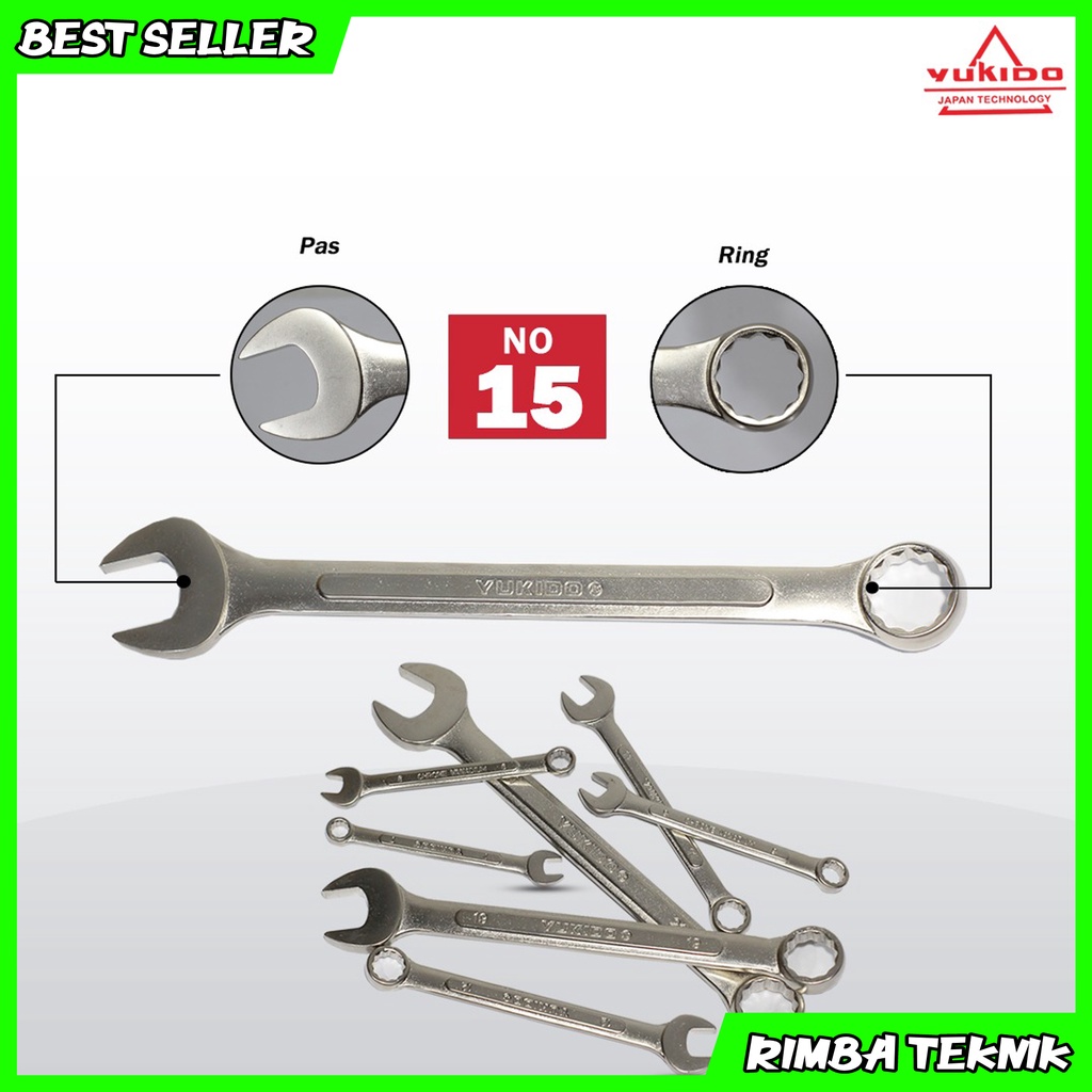 PROMO !! Kunci Ring Pas 15 mm Chrome Vanadium Steel Combination Wrench YUKIDO