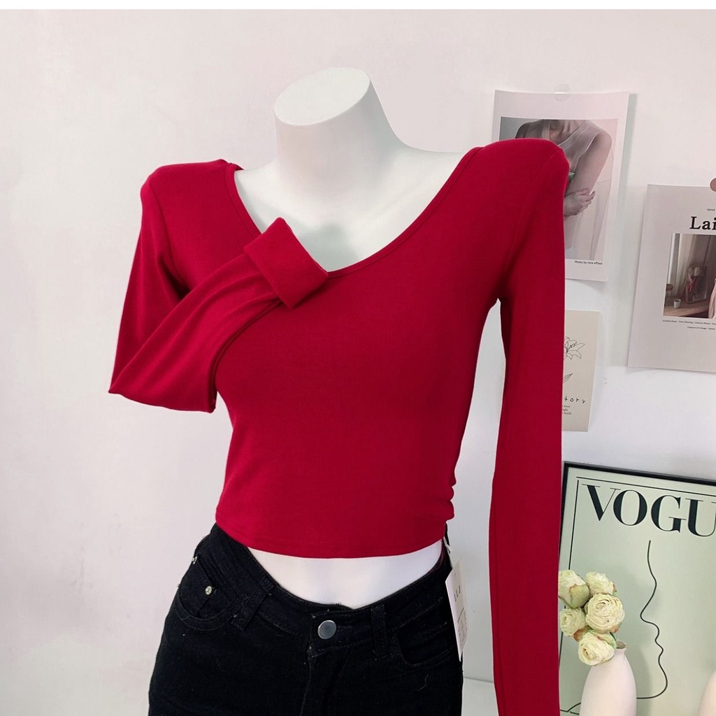 Red Dongdaemun Korea Selatan musim gugur dan musim dingin baru menebal disikat bottoming kemeja jaket slim-fit pendek V-neck lengan panjang pad bahu T-shirt wanita