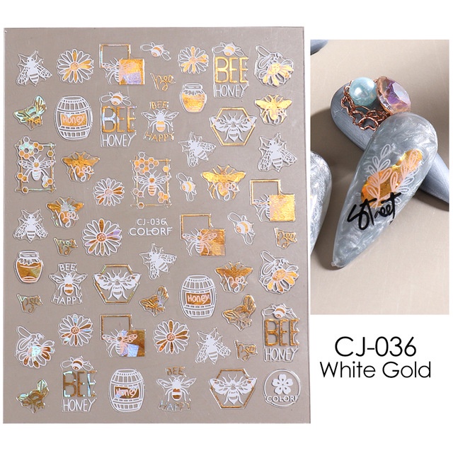 GELASA Stiker Kuku Nail Art Sticker Flower Mix Gold &amp; White Foil Hologram semi3D series CJ