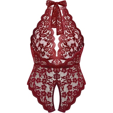 Lingerie Wanita Sexy transparan Halter Neck Lace Jumpsuit Open Crotch Lingerie Teddies A553