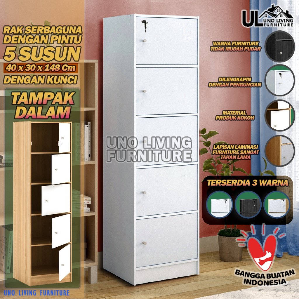 JTR - LEMARI RAK SERBAGUNA KAYU RSG PINTU 5 SUSUN DENGAN KUNCI TERBARU MURAH LEMARI BUKU