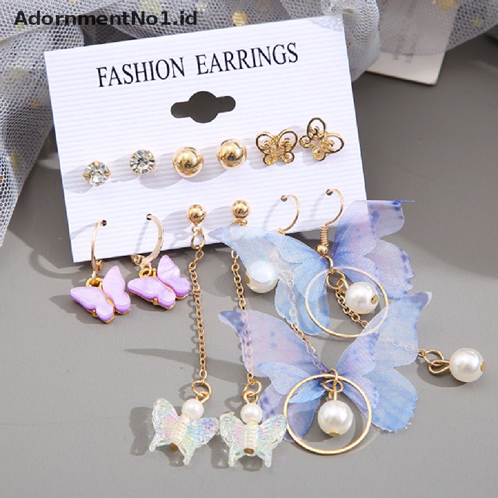 [AdornmentNo1] 6pasang/set Fashion Hati Kupu-Kupu Stud Earring Set Elegan Mutiara Emas Hoop Earrings Untuk Wanita Aksesoris Perhiasan [ID]