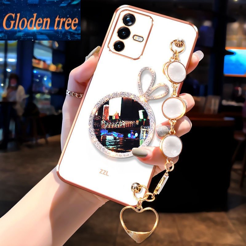 Gloden tree Phone Case Untuk Vivo X50Pro X60 X60Pro X70 X70Pro X80 X80Pro S1Pro V15Pro S5 Shell Kelinci Vanity Mirror Dengan Gelang Permata