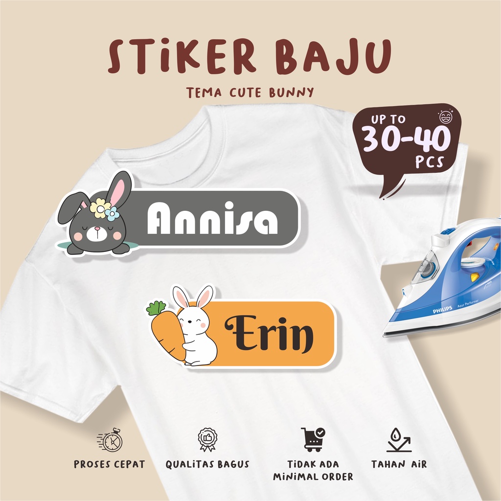 

(30-40 pcs )cetak stiker sablon dtf CUTE BUNNY/custom nama/stiker baju murah